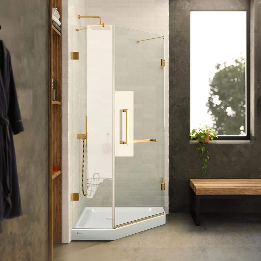 FINE FIXTURES 34 in. W x 34 in. D x 74 in. H Neo Angle Pivot Frameless Corner Shower Enclosure in Satin Brass Finish