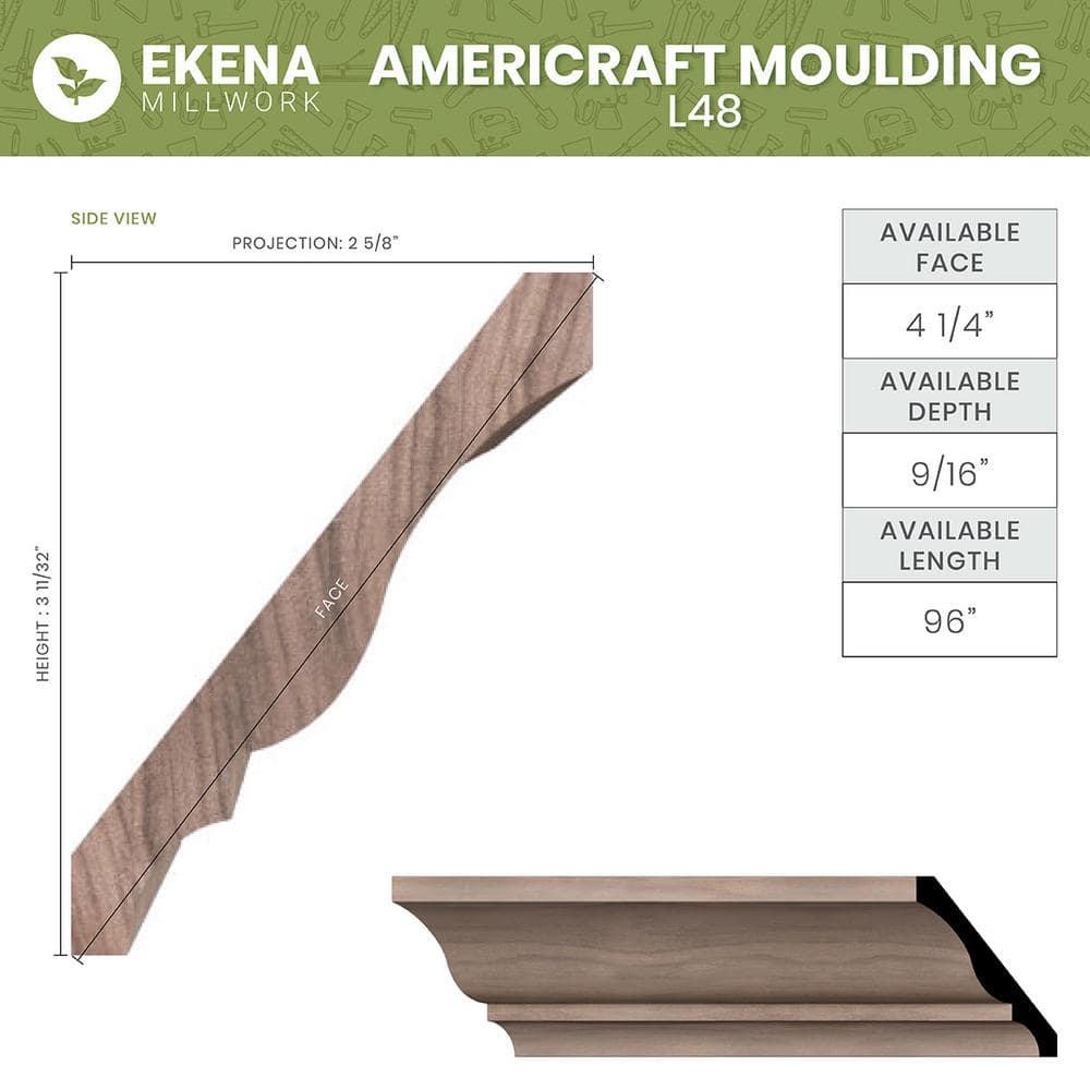 Ekena Millwork WM48 0.56 in. D x 4.25 in. W x 96 in. L Wood (Fingerjoint Pine) Crown Moulding