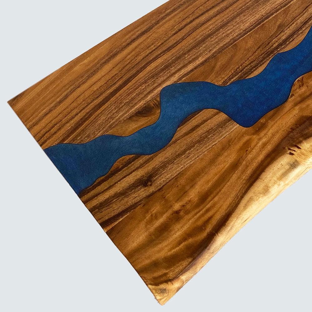 HARDWOOD REFLECTIONS 5 ft. L x 30 in. D UV Finished Saman Solid Wood Butcher Block Desktop Countertop With Live Edge and Blue Epoxy River