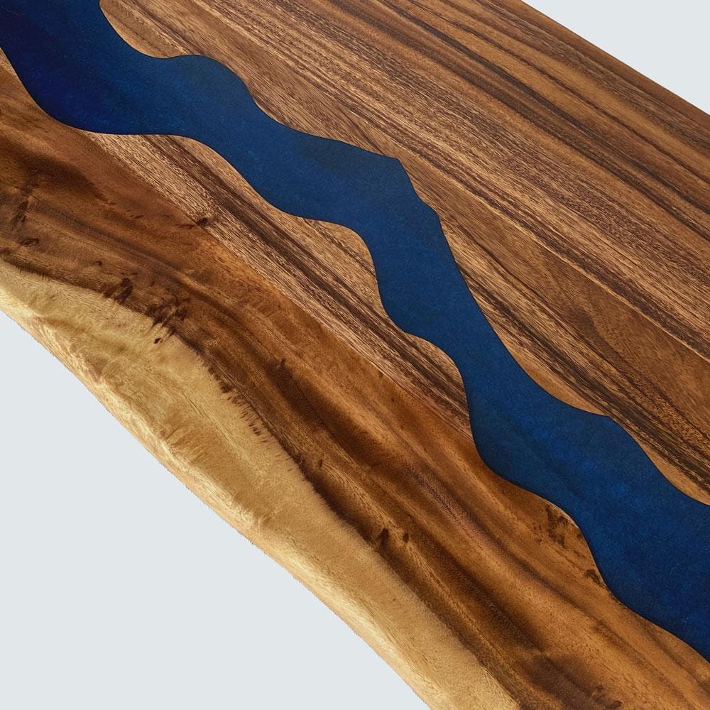 HARDWOOD REFLECTIONS 5 ft. L x 30 in. D UV Finished Saman Solid Wood Butcher Block Desktop Countertop With Live Edge and Blue Epoxy River