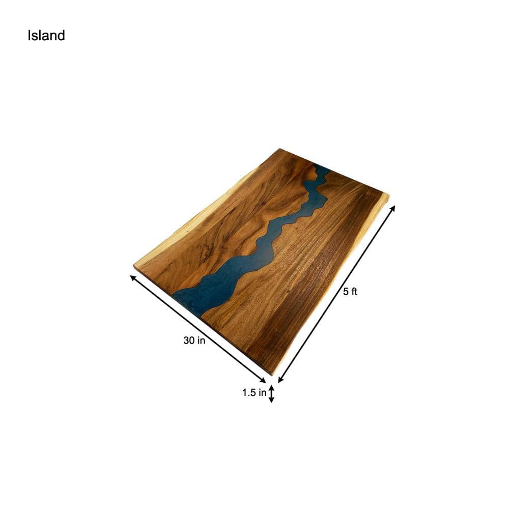 HARDWOOD REFLECTIONS 5 ft. L x 30 in. D UV Finished Saman Solid Wood Butcher Block Desktop Countertop With Live Edge and Blue Epoxy River