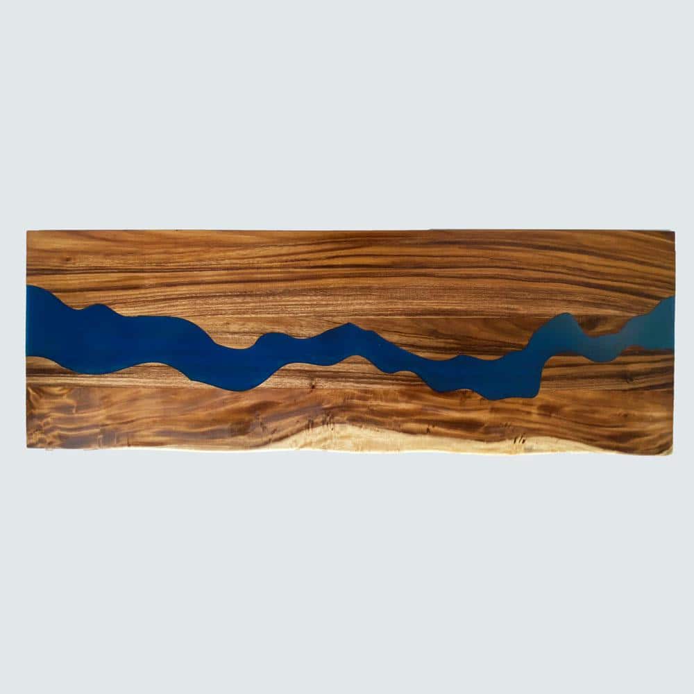 HARDWOOD REFLECTIONS 5 ft. L x 30 in. D UV Finished Saman Solid Wood Butcher Block Desktop Countertop With Live Edge and Blue Epoxy River