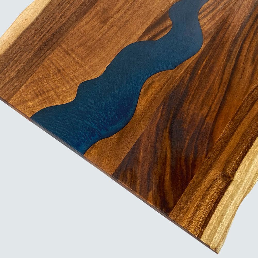 HARDWOOD REFLECTIONS 5 ft. L x 30 in. D UV Finished Saman Solid Wood Butcher Block Desktop Countertop With Live Edge and Blue Epoxy River