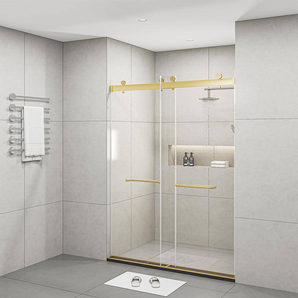 FORCLOVER 60 in. W x 76 in. H Double Sliding Frameless Soft Close Shower Door in Brushed Gold with 3/8 in. Clear Tempered Glass