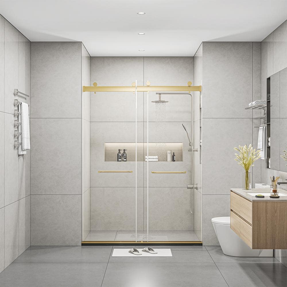 FORCLOVER 60 in. W x 76 in. H Double Sliding Frameless Soft Close Shower Door in Brushed Gold with 3/8 in. Clear Tempered Glass