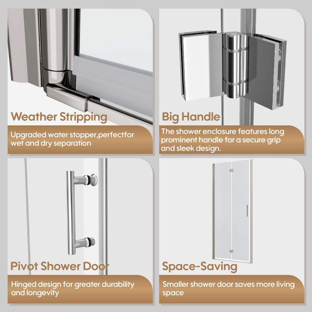 FORCLOVER 34 in. W to 35-3/8 in. W x 72 in. H Bi-Fold Frameless Shower Door in Chrome with Clear Glass
