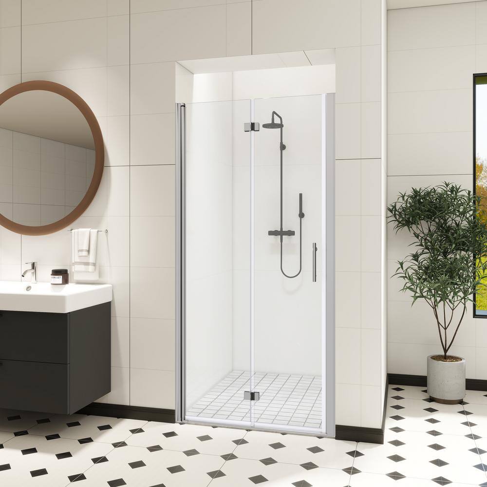 FORCLOVER 36 in. W to 37-3/8 in. W x 72 in. H Bi-Fold Frameless Shower Door in Chrome with Clear Glass