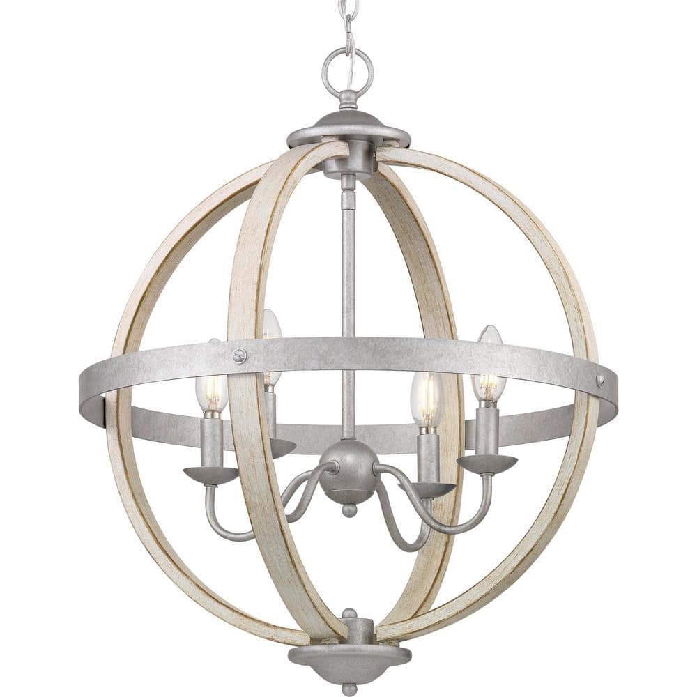 Progress Lighting Keowee 4-Light Galvanized Orb Chandelier with Antique White Wood Accents