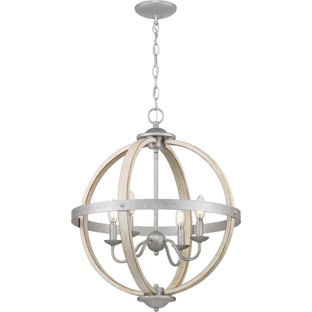 Progress Lighting Keowee 4-Light Galvanized Orb Chandelier with Antique White Wood Accents