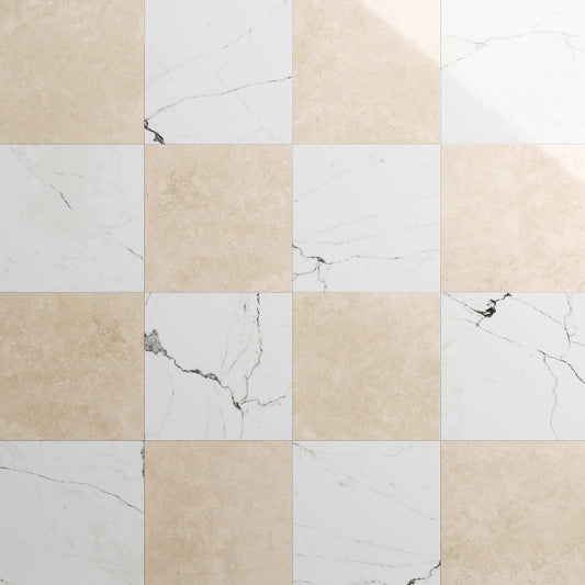 Fortunato Calacatta and Marfil 12x12 Polished Porcelain Checkerboard Tile