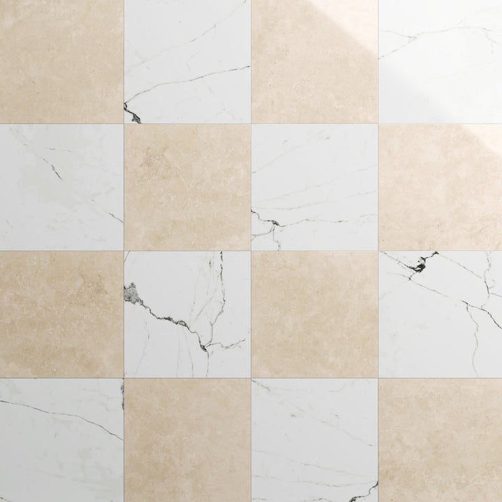 Fortunato Calacatta and Marfil 12x12 Polished Porcelain Checkerboard Tile