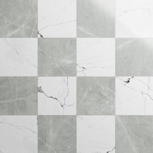 Fortunato Amani Gray and Calacatta White 12x12 Polished Porcelain Checkerboard Tile