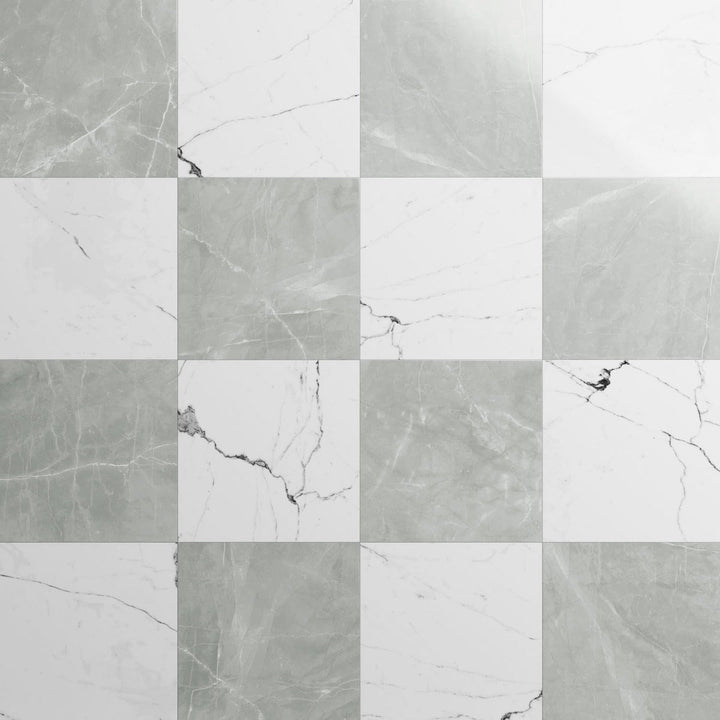 Fortunato Amani Gray and Calacatta White 12x12 Polished Porcelain Checkerboard Tile