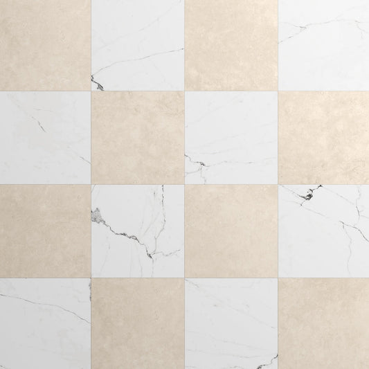 Fortunato Calacatta and Marfil 12x12 Matte Porcelain Checkerboard Tile