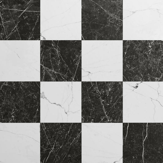 Fortunato Calacatta and Nero Marquina 12x12 Matte Porcelain Checkerboard Tile