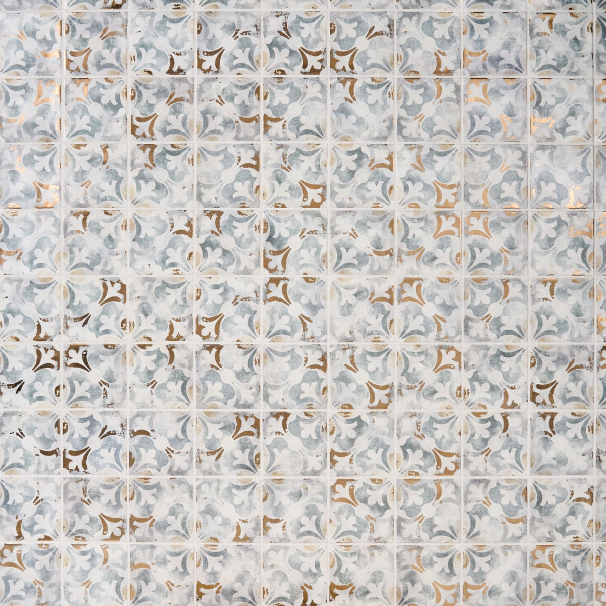 Talia Bossa Blue Gray Ceramic Tile with Gold Accents, 5x5 Matte Finish