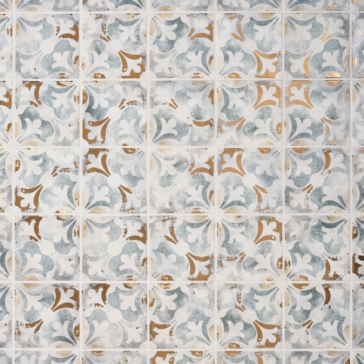 Talia Bossa Blue Gray Ceramic Tile with Gold Accents, 5x5 Matte Finish