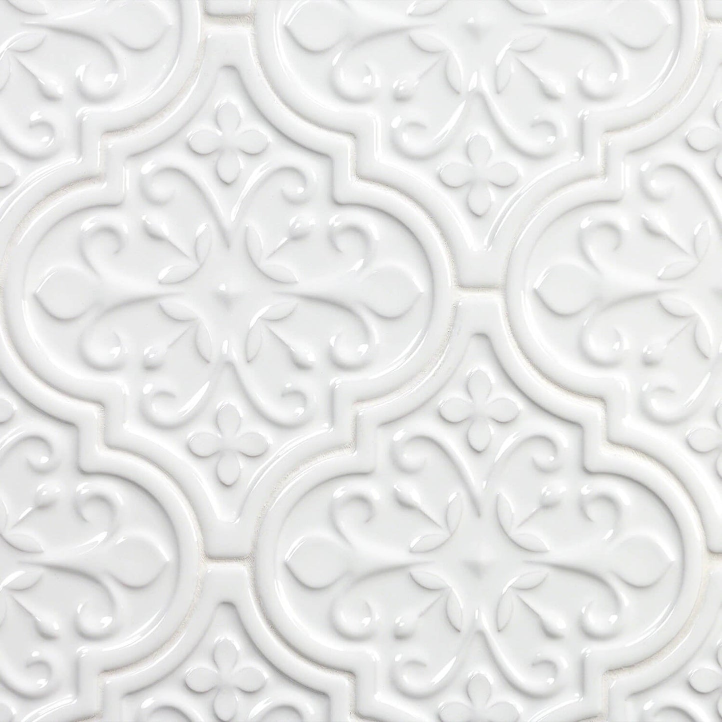 Byzantine Florid Bianco White 6x7 Arabesque Polished Ceramic Wall Tile