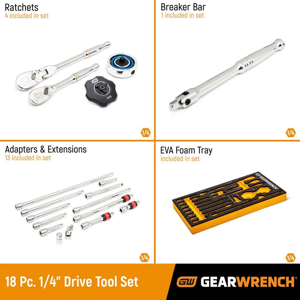 GEARWRENCH 1/4 in. 90T Ratchet and Drive Tool Set with EVA Foam Tray (18-Piece)