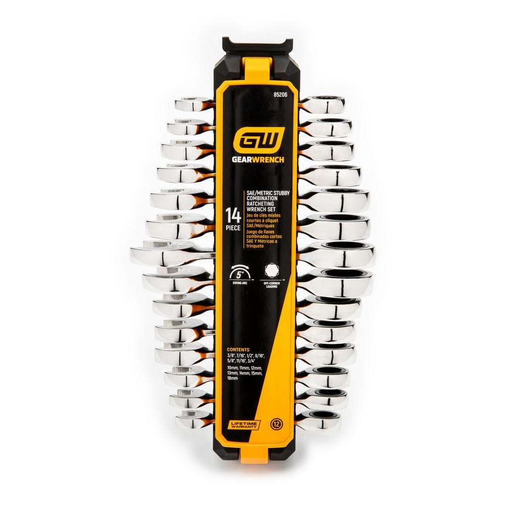 GEARWRENCH SAE/Metric 72-Tooth Stubby Combination Ratcheting Wrench Tool Set (14-Piece)