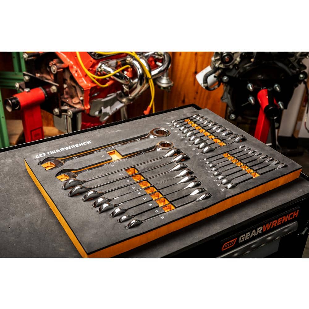 GEARWRENCH 28-Piece 72T Metric Standard and Stubby Ratcheting Wrench Set with EVA Foam Tray