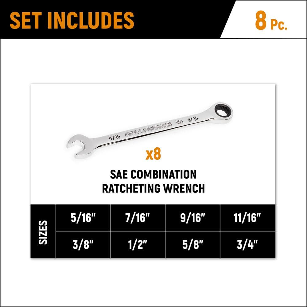 GEARWRENCH SAE 90-Tooth Combination Ratcheting Wrench Tool Set with Tray (8-Piece)