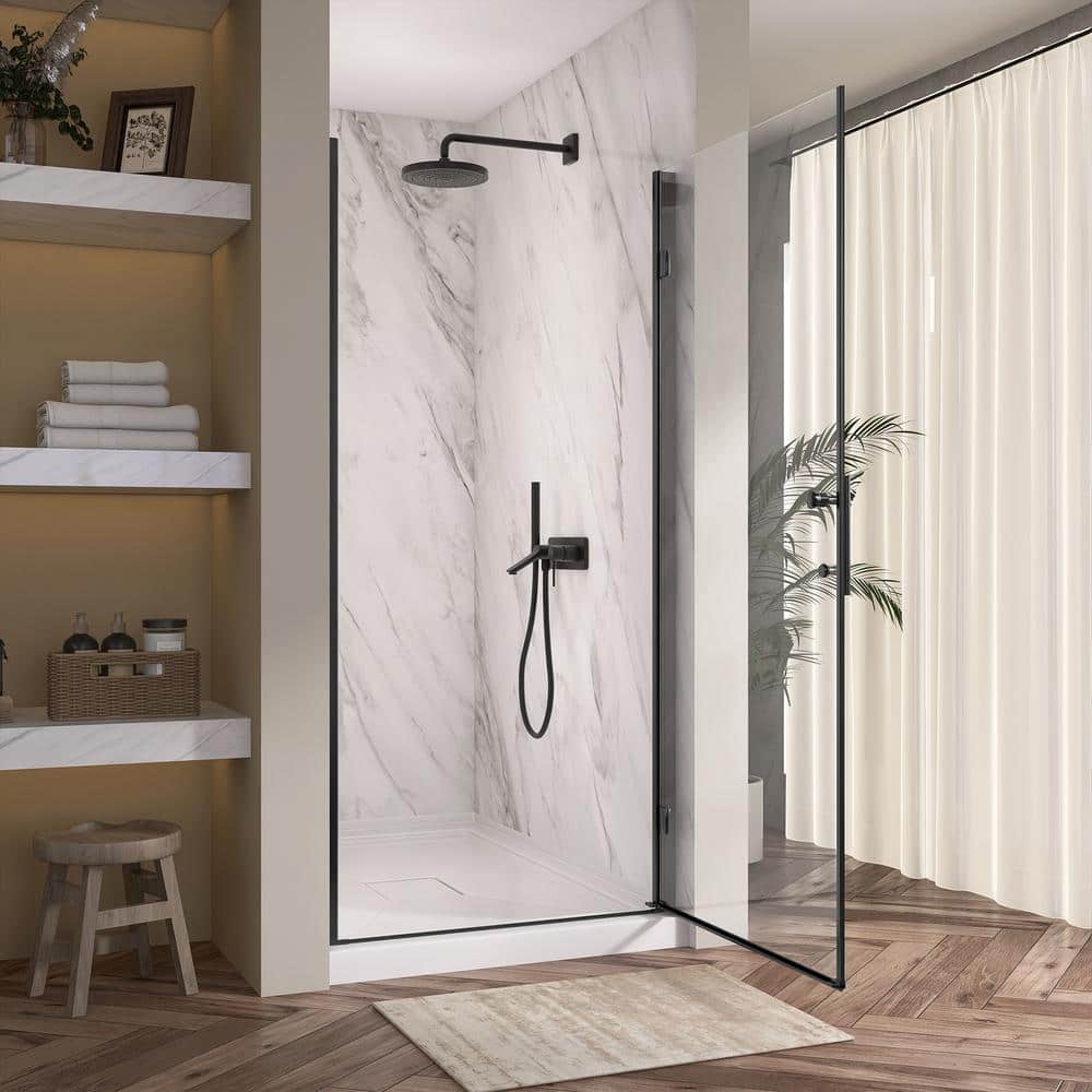 Getpro 36 to 37-1/4 in. W x72 in. H Frameless Shower Door Right Hinged Pivot Swing Single Door in Matte Black Clear Glass