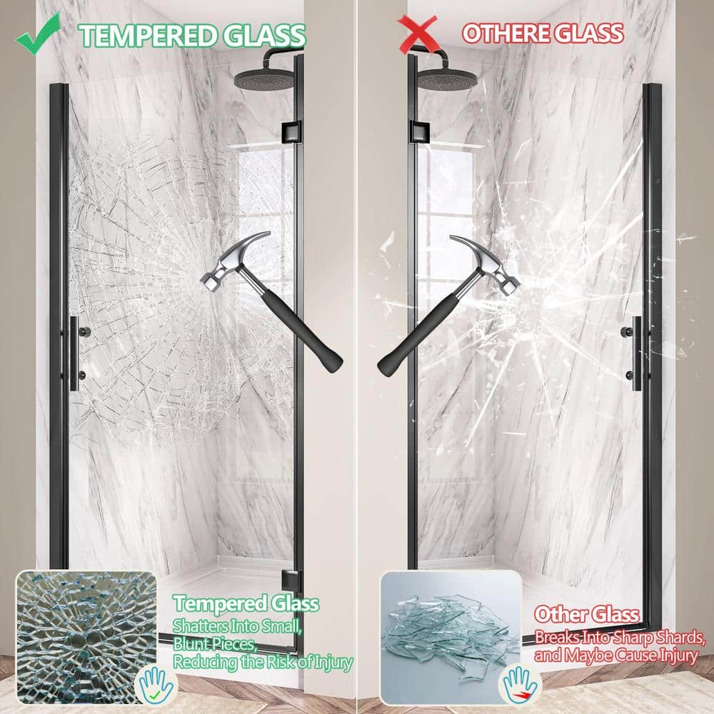 Getpro 36 to 37-1/4 in. W x72 in. H Frameless Shower Door Right Hinged Pivot Swing Single Door in Matte Black Clear Glass