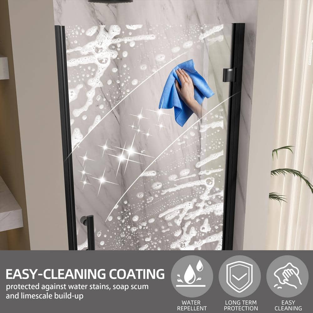 Getpro 36 to 37-1/4 in. W x72 in. H Frameless Shower Door Right Hinged Pivot Swing Single Door in Matte Black Clear Glass