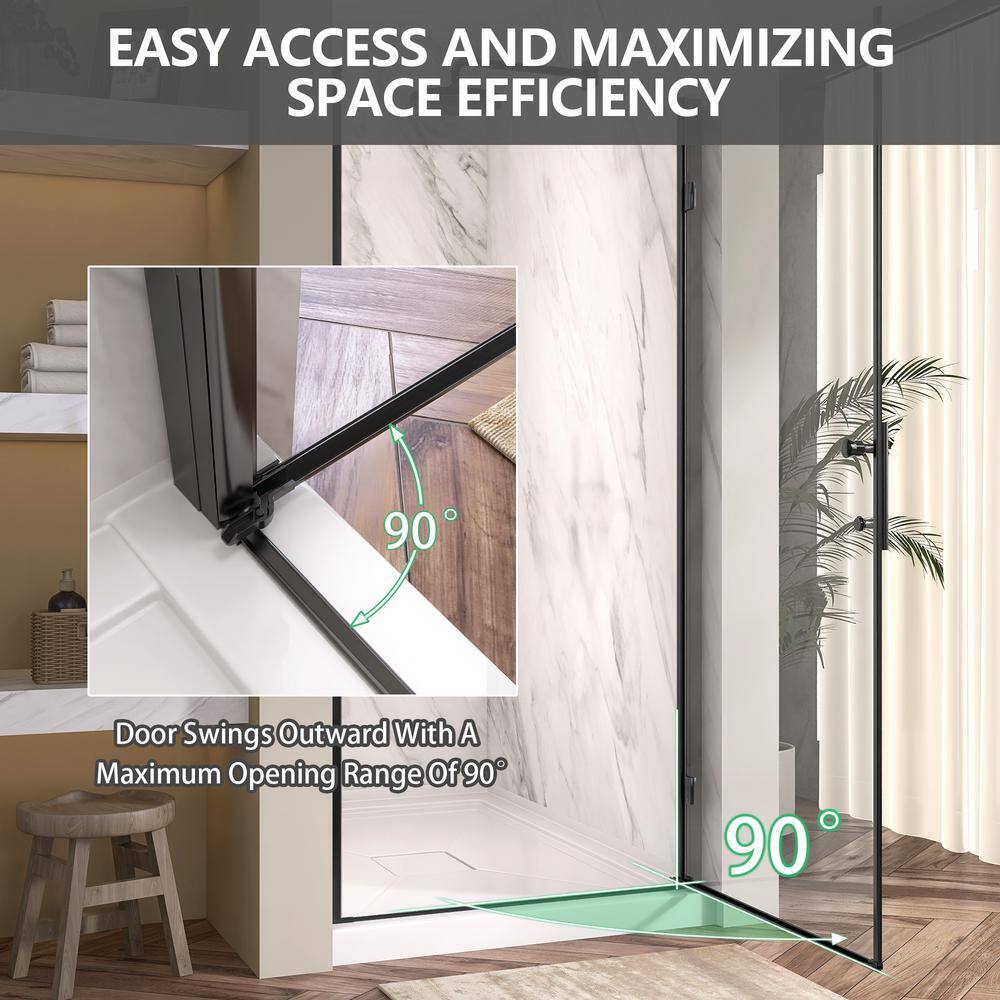 Getpro 36 to 37-1/4 in. W x72 in. H Frameless Shower Door Right Hinged Pivot Swing Single Door in Matte Black Clear Glass