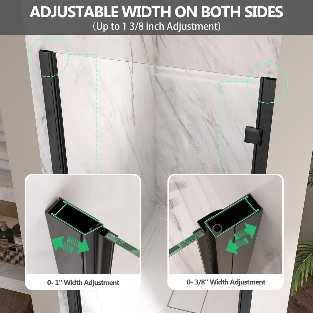 Getpro 36 to 37-1/4 in. W x72 in. H Frameless Shower Door Right Hinged Pivot Swing Single Door in Matte Black Clear Glass