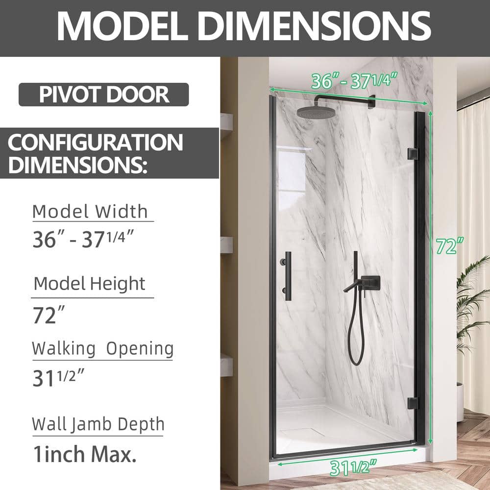 Getpro 36 to 37-1/4 in. W x72 in. H Frameless Shower Door Right Hinged Pivot Swing Single Door in Matte Black Clear Glass
