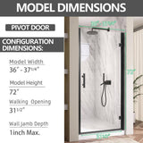Getpro 36 to 37-1/4 in. W x72 in. H Frameless Shower Door Right Hinged Pivot Swing Single Door in Matte Black Clear Glass