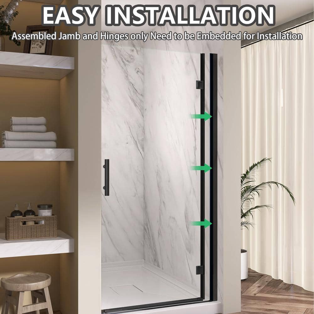 Getpro 36 to 37-1/4 in. W x72 in. H Frameless Shower Door Right Hinged Pivot Swing Single Door in Matte Black Clear Glass