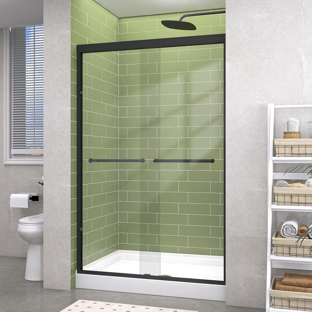 Getpro 44 in.-48 in. W x 72 in. H Double Sliding Framed Shower Door in Matte Black with 1/4 in. (6 mm) Clear Glass
