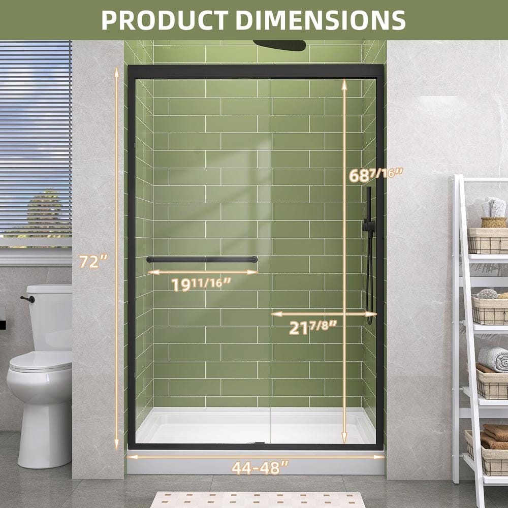 Getpro 44 in.-48 in. W x 72 in. H Double Sliding Framed Shower Door in Matte Black with 1/4 in. (6 mm) Clear Glass
