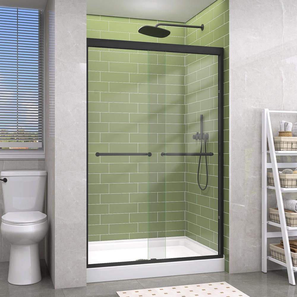 Getpro 44 in.-48 in. W x 72 in. H Double Sliding Framed Shower Door in Matte Black with 1/4 in. (6 mm) Clear Glass