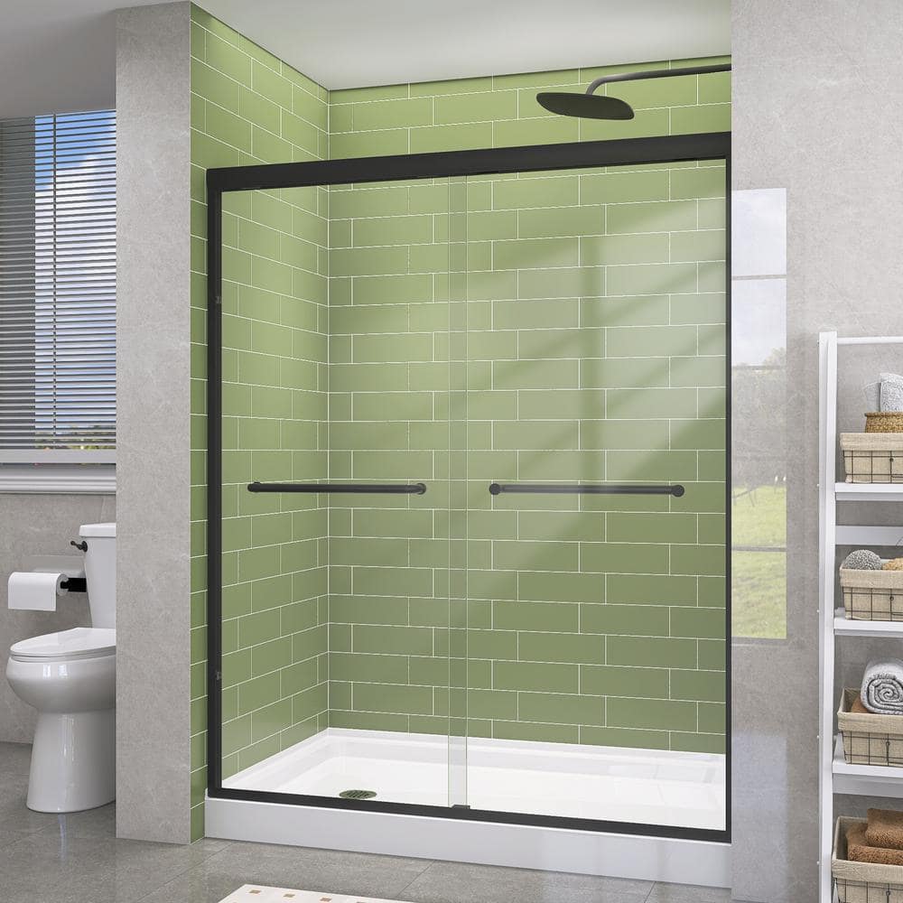 Getpro 56 in.-60 in. W x 72 in. H Double Sliding Framed Shower Door in Matte Black with 1/4 in. (6 mm) Clear Glass