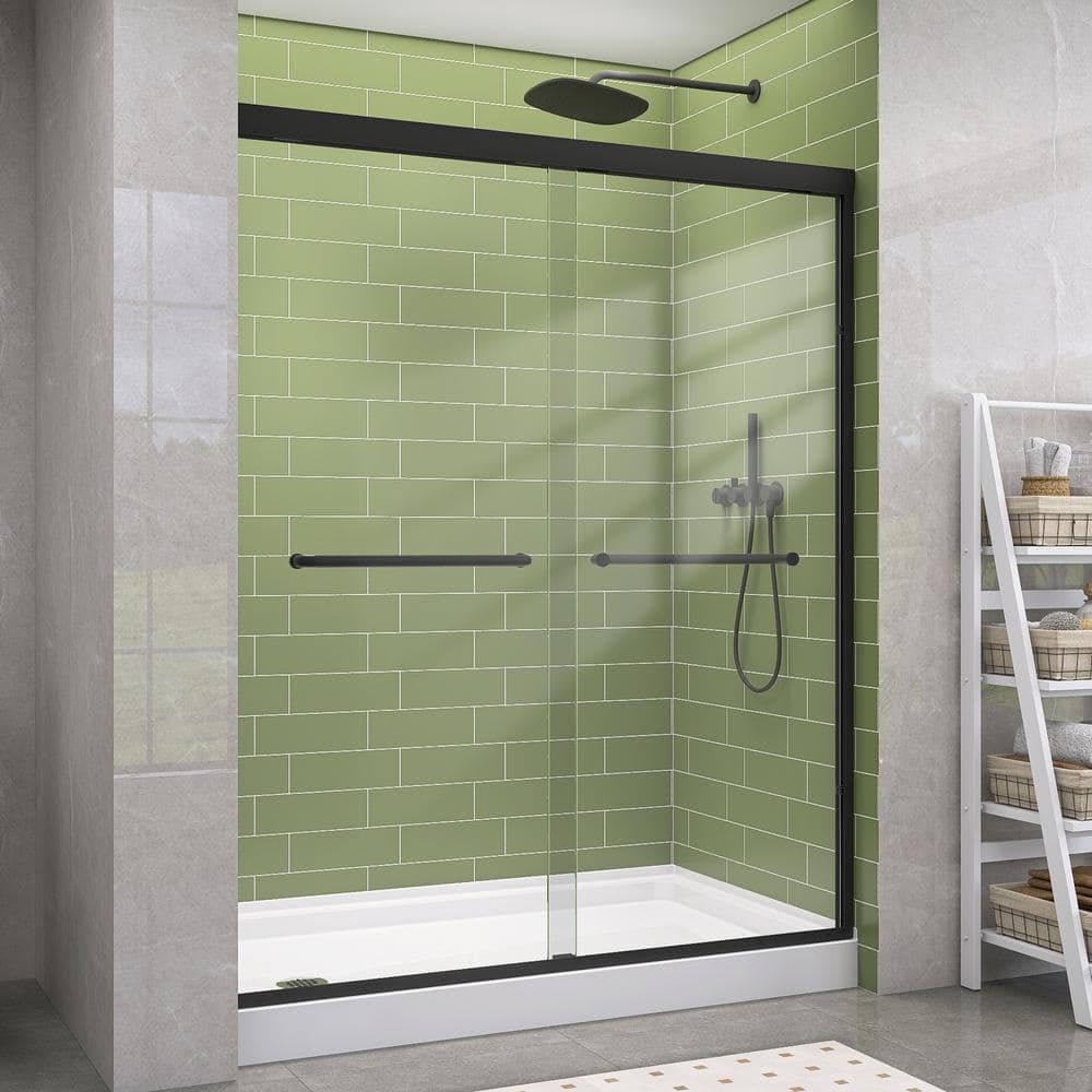 Getpro 56 in.-60 in. W x 72 in. H Double Sliding Framed Shower Door in Matte Black with 1/4 in. (6 mm) Clear Glass