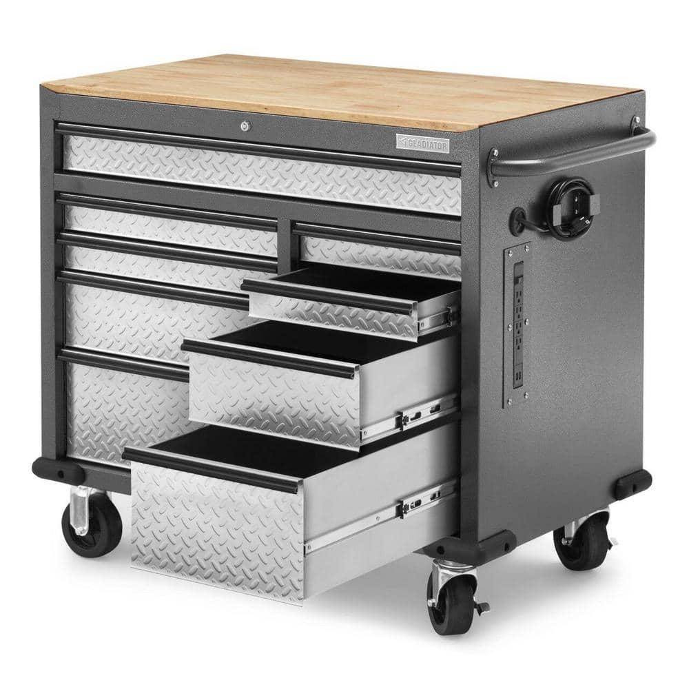 Gladiator 41 in. W x 39 in. D 9-Drawer Mobile Tool Workbench with Solid Wood Top