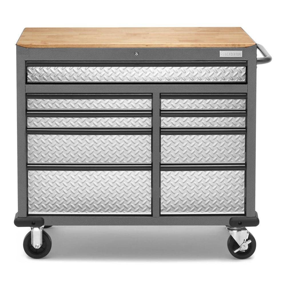 Gladiator 41 in. W x 39 in. D 9-Drawer Mobile Tool Workbench with Solid Wood Top