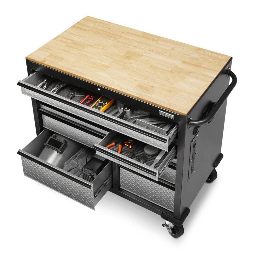 Gladiator 41 in. W x 39 in. D 9-Drawer Mobile Tool Workbench with Solid Wood Top