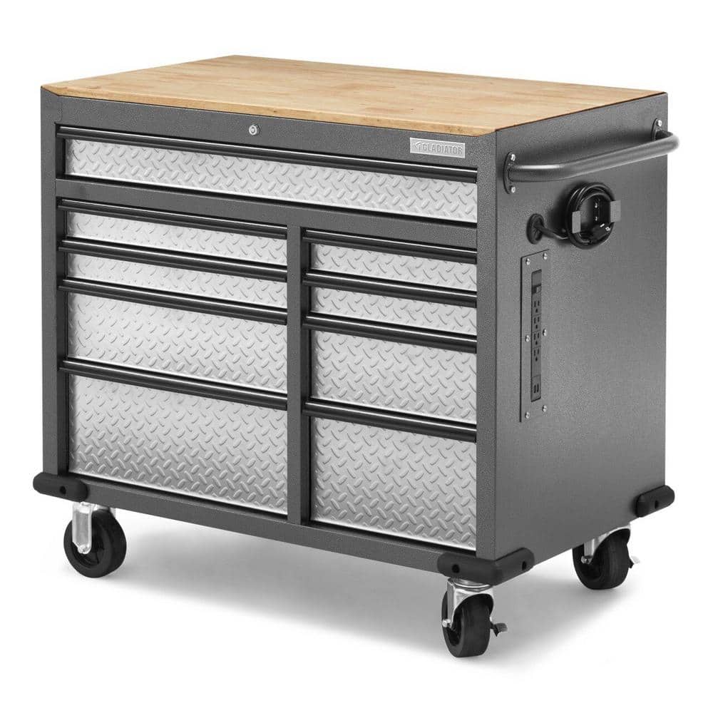 Gladiator 41 in. W x 39 in. D 9-Drawer Mobile Tool Workbench with Solid Wood Top