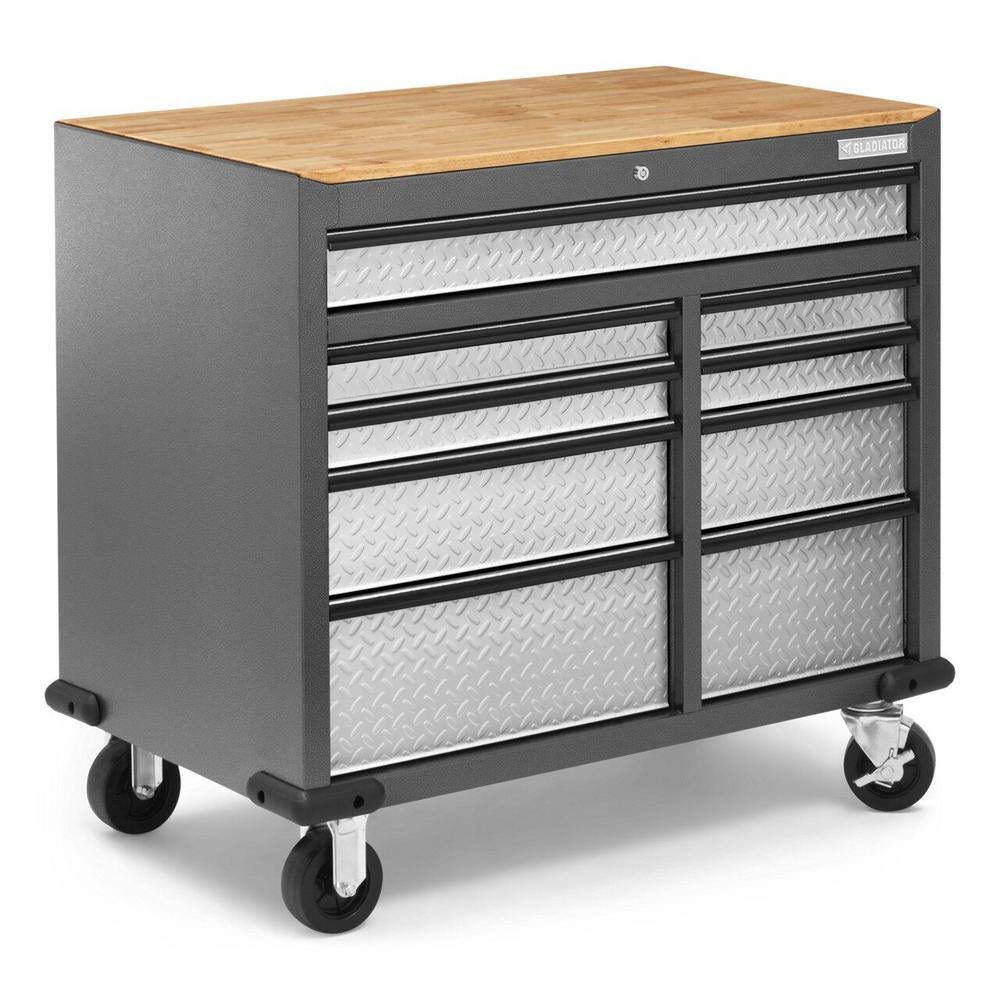 Gladiator 41 in. W x 39 in. D 9-Drawer Mobile Tool Workbench with Solid Wood Top