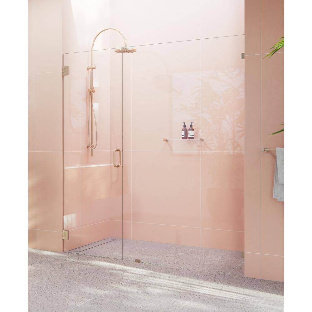 Glass Warehouse Illume 69.75 in. W x 78 in. H Wall Hinged Frameless Shower Door in Brushed Bronze with Clear Glass