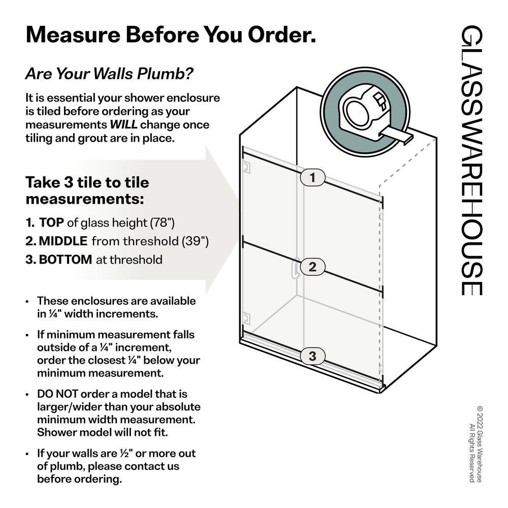 Glass Warehouse Illume 69.75 in. W x 78 in. H Wall Hinged Frameless Shower Door in Brushed Bronze with Clear Glass