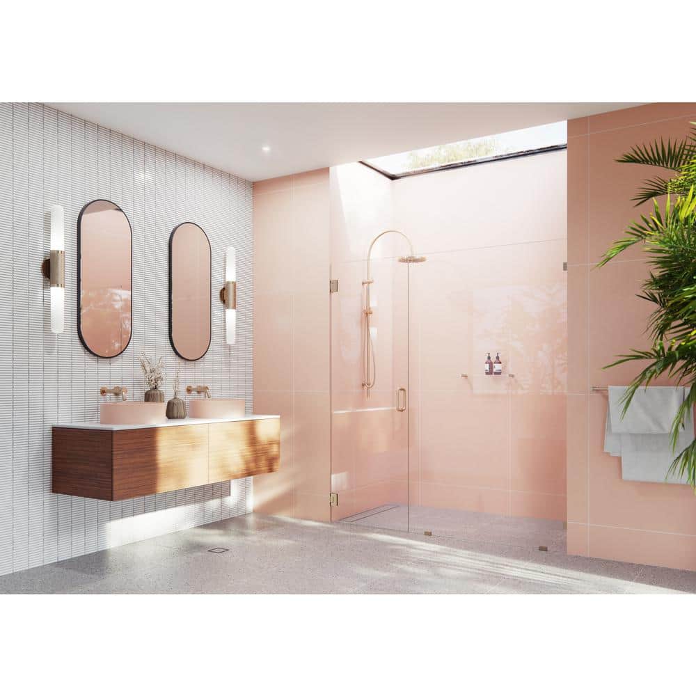 Glass Warehouse Illume 69.75 in. W x 78 in. H Wall Hinged Frameless Shower Door in Brushed Bronze with Clear Glass
