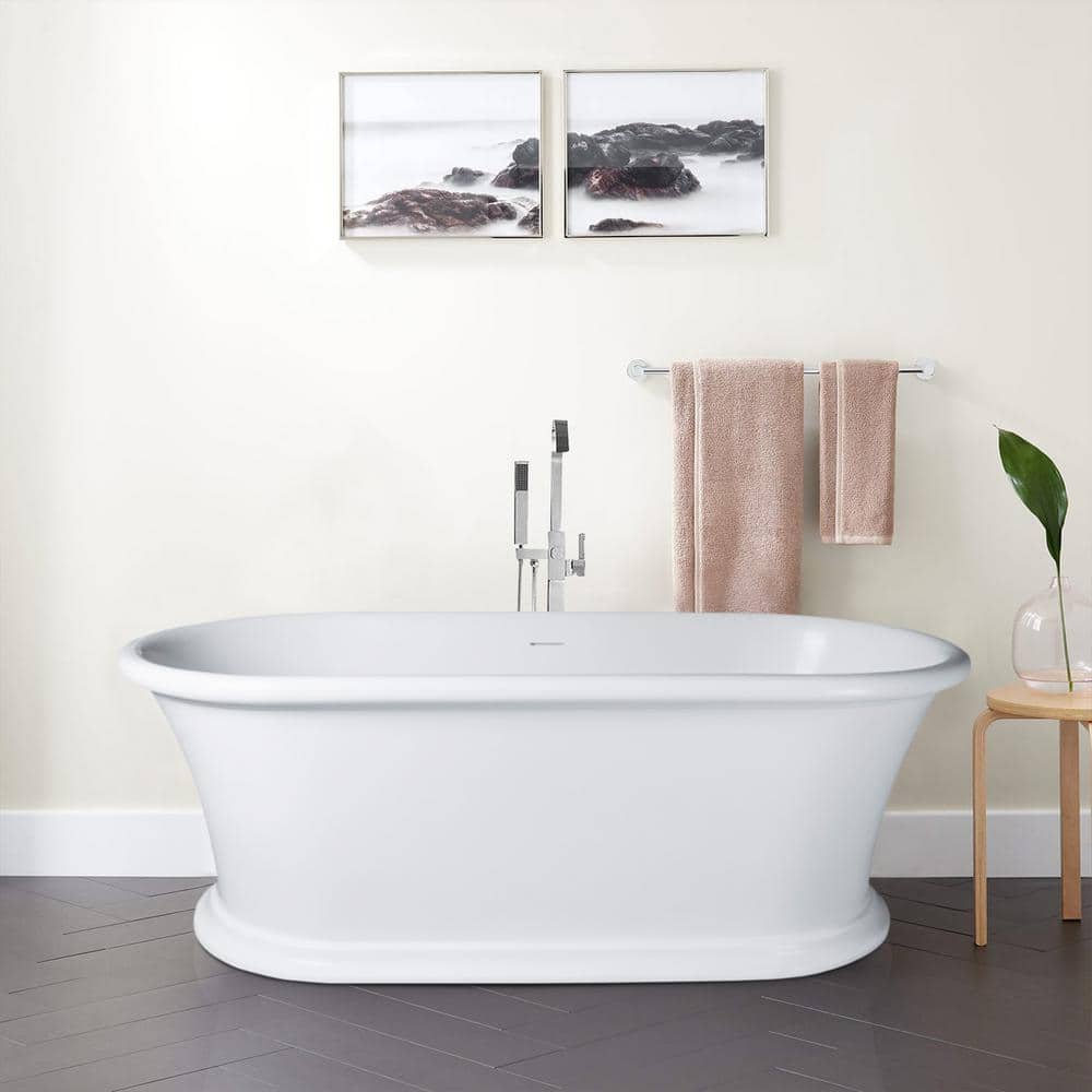 Vanity Art Drancy 67 in. Solid Surface Resin Stone Flatbottom Freestanding Bathtub in Glossy White