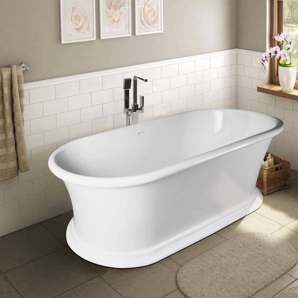 Vanity Art Drancy 67 in. Solid Surface Resin Stone Flatbottom Freestanding Bathtub in Glossy White