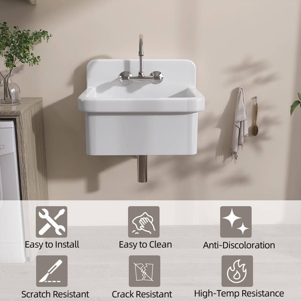 Zeafive High Back 10-Gallon Ceramic Wall Mount Utility Sink, 24x20x17 in.